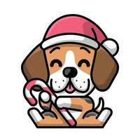 ein süßer beagle-hund trägt eine weihnachtsmütze und bringt eine süßigkeit mit vektor