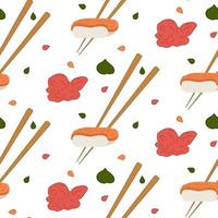 Nahtloses Muster Sushi-Lachs, Ingwer, Essstäbchen. Chinesen essen. asiatisches Essen. Vektor-Illustration. vektor