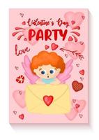 valentinstag party einladungsplakat. vertikales Banner für st. Valentinstag. rosa Hintergrund mit Herzen und Amor. Amor ist ein Engel. vektor