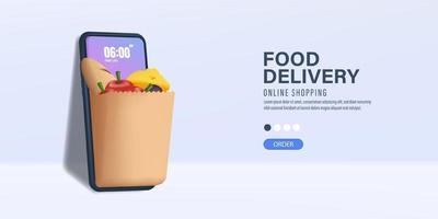 3D-Lieferung von Lebensmitteln und Einkaufs-App und Einkaufstüte voller Waren Online-Lebensmitteleinkauf und Hauslieferungskonzept vektor