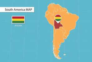 Bolivien-Karte in Amerika, Symbole, die den Standort und die Flaggen Boliviens zeigen. vektor
