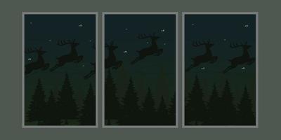 Set von Wandbildern zum Thema Nacht mit Silhouettenillustrationen von fliegenden Hirschen und Tannen. Hintergrund des Nachthimmels. für Wanddekoration, Interieur, Poster vektor