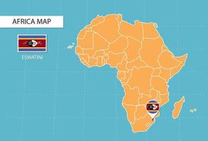 Eswatini-Karte in Afrika, Symbole, die den Standort und die Flaggen von Eswatini zeigen. vektor