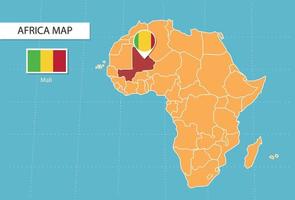 mali-karte in afrika, symbole, die mali-standort und flaggen zeigen. vektor