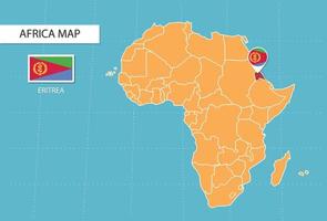 eritrea-karte in afrika, symbole, die den standort und die flaggen von eritrea zeigen. vektor