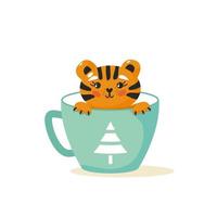 süßer tigercharakter, der in der tasse sitzt. weihnachtsvektorillustration. lustige postkarte mit tiersymbol des jahres. vektor