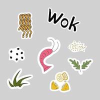 sticker asiatisch essen. Vektorgrafiken Wok-Nudeln, Meeresfrüchte, Gemüse, Gewürze, Paprika, Garnelen vektor