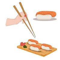 Sushi-Set auf Holzbrett, Essstäbchen in der Hand. Brötchen mit Lachs. asiatische Lebensmittel-Vektor-Illustration vektor