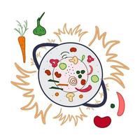 asiatisches Essen. Vektor-Illustration. Wok auf heißer Pfanne mit Paprika, Kräutern, Pilzen und Gemüse vektor