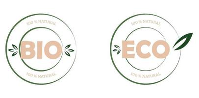eko, bio, organisk och naturlig Produkter klistermärke, märka, bricka och logotyp. ekologi ikon. logotyp mall med grön löv för organisk och eco vänlig Produkter vektor