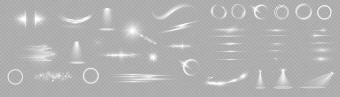 sonnenlicht, abstrakter spezialeffekt. Lichteffekt-Set. Glühen isolierter weißer Lichteffektsatz. Lens Flare, Explosion, Glitzer, Staub, Linie, Sonnenblitz, Funken und Sterne, Scheinwerfer, Kurvenwirbel. vektor
