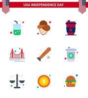9 Usa-Flachpackung mit Zeichen und Symbolen für den Unabhängigkeitstag des Baseballtourismus vektor