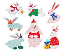 uppsättning av söt och rolig jul kaniner. olika kaniner i vinter- jul klädespersedlar vektor