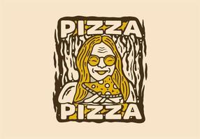 årgång illustration teckning av kvinna äter pizza vektor