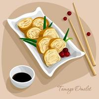 Illustration eines asiatischen Tamago-Omeletts auf einem Teller mit einer Dekoration aus Frühlingszwiebeln und Preiselbeeren. Auf dem Tisch steht ein Teller mit Stäbchen. geeignet zum Drucken von Speisekarten in einem Restaurant. vektor