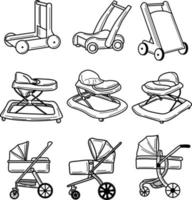 handdraw doodle von baby walker und kinderwagen vektor