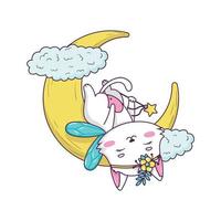 süße Cartoon-Katzenfee mit Zauberstab, die auf dem Mond im Doodle-Stil schläft, isoliert auf weißem Hintergrund vektor