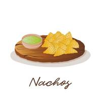 Mexikanische Nachos-Maischips mit Avocado-Guacamole-Sauce auf einem Holztablett. Fast-Food-Restaurant und Streetfood-Snacks, Fleischtortillas, Lieferung von Speisen zum Mitnehmen vektor