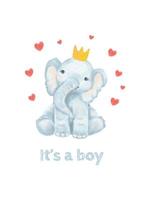 söt bebis elefant i en krona omgiven förbi hjärtan, vykort för de födelse av en barn, grattis, vattenfärg vektor
