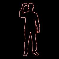 Neon-Mann zeigt Karte in seiner Hand Visitenkarte in der Hand Geschäftsmann Silhouette Symbol Farbe rot Vektor Illustration Bild flachen Stil