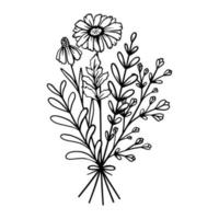 einfache Vektorzeichnung in schwarzer Umrandung. Strauß Wildblumen isoliert auf weißem Hintergrund. Geschenk, Geburtstag, 8. März. vektor