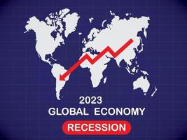 2023 ekonomi lågkonjunktur, global företag undergång med faller pil och värld Karta. pengar förlorande. stock kris, finansiell kris och finansiera inflation begrepp bakgrund mörk blå. vektor