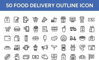 Symbolsatz für die Umrisse der Lebensmittellieferung. 50 Sammlung von Symbolen für die Lieferung von Lebensmitteln mit Essen, Lieferung, Box, isoliert, Mittagessen, Einzelhandel, Shop. vektor