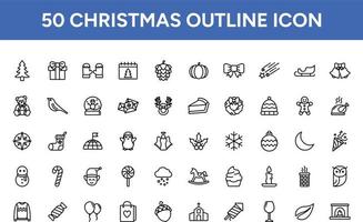 jul översikt ikon uppsättning. 50 samlingar av jul ikoner med prydnad, Semester, jul, träd, ljus, jul, vinter. vektor