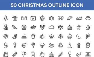 Weihnachtsumriss-Icon-Set. 50 Sammlungen von Weihnachtssymbolen mit Ornament, Urlaub, Weihnachten, Baum, Kerze, Weihnachten, Winter. vektor