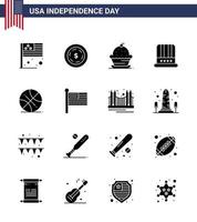 Packung mit 16 USA-Unabhängigkeitstag-Feier solide Glyphen-Zeichen und 4. Juli-Symbole wie Ball USA Dessert American Hat editierbare USA-Tag-Vektor-Design-Elemente vektor