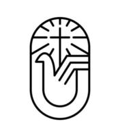 Religionskreuz mit Strahlen und Taube. Symbol des Heiligen Geistes. vektorlogoreligionskirchenikonenillustration lokalisiert. Jesus Christus auf Golgatha ist das Zentrum des Christentums vektor