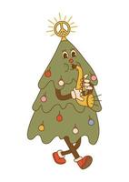 komische figur eines groovigen weihnachtsbaums, der ein musikinstrument im trendigen cartoon-stil auf isoliertem hintergrund spielt. für Karte, Poster, Druck. vektor