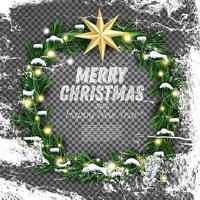 weihnachtskranz mit grünem tannenzweig, heller girlande und goldenem stern auf transparentem hintergrund. Eis Textur. vektor