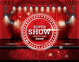 Super-Show. offene rote vorhänge mit scheinwerfern. vektor
