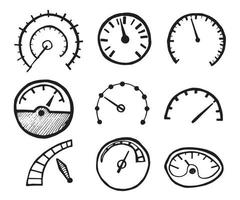 Sammlung von handgezeichneten Tachometersymbolen isoliert auf weißem Hintergrund. vektor