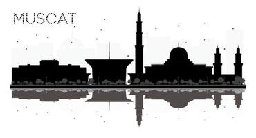 muscat city skyline schwarz-weiße silhouette mit reflexionen. vektor
