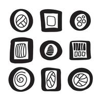 satz von handgezeichneten abstrakten geometrischen sushi-doodle-symbolen. stilisierte verschiedene Rollen. Asiatisches Essen Schwarz-Weiß-Umriss Konturlinie Zeichnung Clip-Art-Sammlung vektor