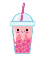 Bubble Tea - oder Pearl Boba Milk Tea - süßer Vektorcharakter mit kawaii Gesicht. illustration im einfachen flachen stil. Plastikbecher mit Deckel, Strohhalm, helle Tapiokakugeln vektor