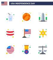 USA Lycklig oberoende dag piktogram uppsättning av 9 enkel flats av flagga korv landmärke frankfurter Washington redigerbar USA dag vektor design element
