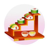 japanisches essen, 3d-illustration von sushi auf einem leiterholztablett vektor