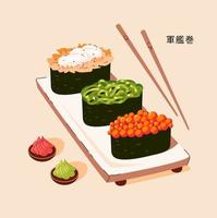 gunkan-maki sushi. traditionell japansk kök. asiatisk mat. vektor illustration