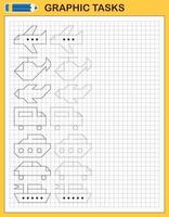 grafische Aufgaben mit Transport. Lernspiel für Kinder im Vorschulalter. Arbeitsblätter zum Üben von Logik und Motorik. Spiel für Kinder. Grafikaufgaben mit verschiedenen Objekten und Elementen vektor