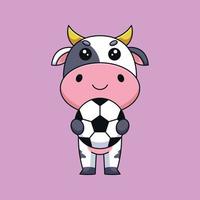 süße kuh hält fußball cartoon maskottchen gekritzel kunst hand gezeichnet konzept vektor kawaii symbol illustration