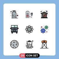 Stock Vector Icon Pack mit 9 Zeilenzeichen und Symbolen für Laborbiochemie Home Atom Van editierbare Vektordesign-Elemente