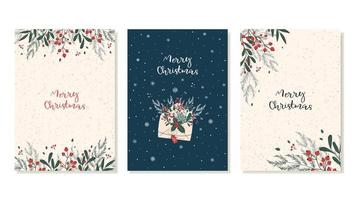 uppsättning av jul kort med ny år dekorationer av jul träd, grenar med röd bär. vektor