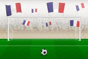 Fans der französischen Fußballmannschaft mit Flaggen von Frankreich, die das Stadion anfeuern, Elfmeterkonzept in einem Fußballspiel. vektor