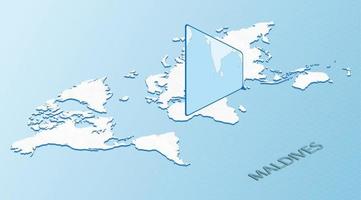 Weltkarte im isometrischen Stil mit detaillierter Karte der Malediven. hellblaue Malediven-Karte mit abstrakter Weltkarte. vektor