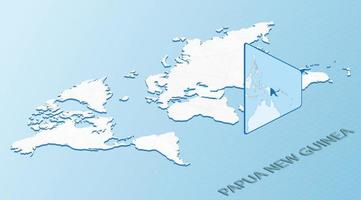 Weltkarte im isometrischen Stil mit detaillierter Karte von Papua-Neuguinea. hellblaue Papua-Neuguinea-Karte mit abstrakter Weltkarte. vektor