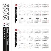 två versioner av 2023 kalender i holländska, vecka börjar från måndag och vecka börjar från söndag. vektor