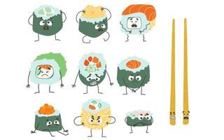 Sushi wütender Ausdruck. Zeichentrickfigur von Norimaki-Sushi. Uramaki-Sushi-Rolle Cartoon-Maskottchen-Charakter vektor